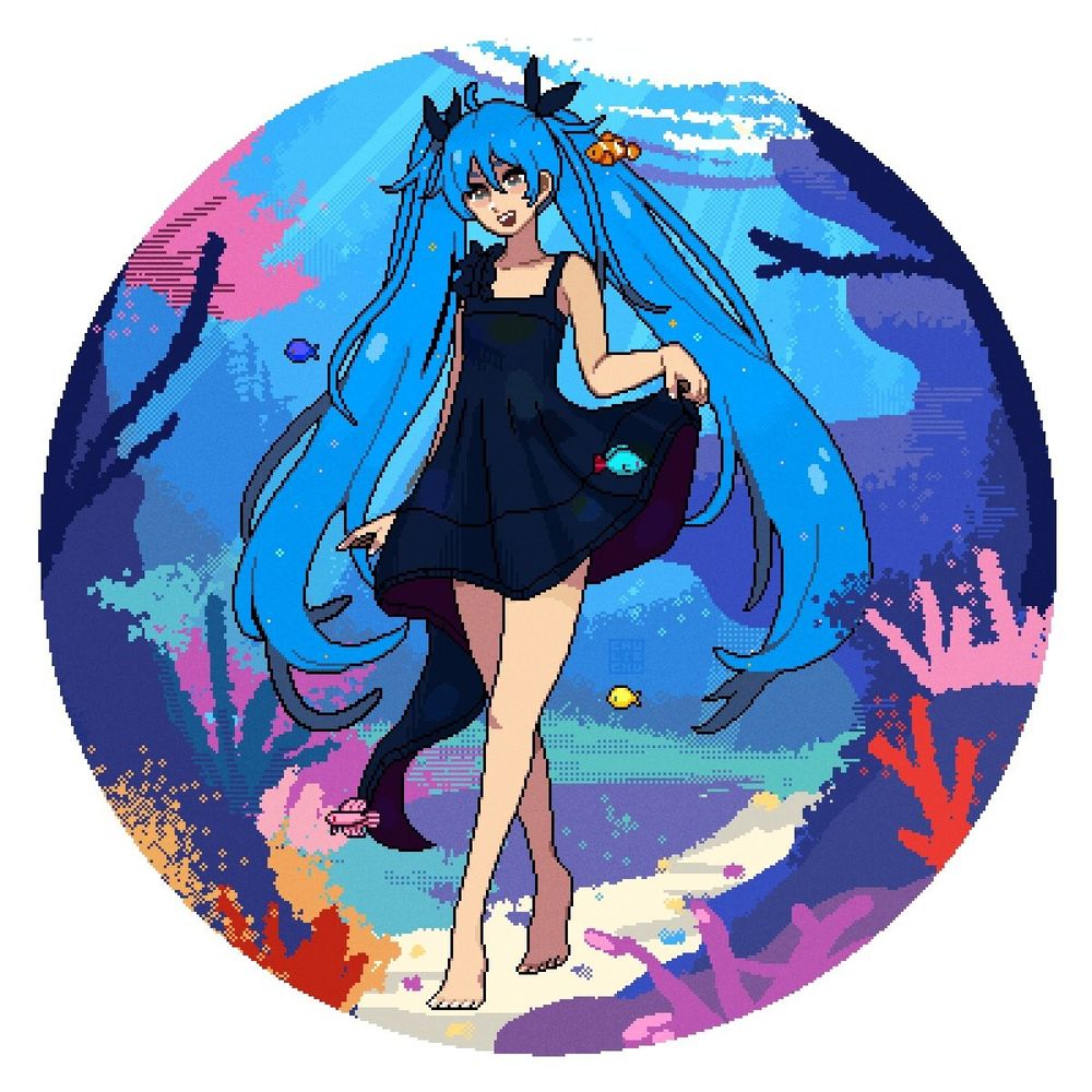 Pixel art of Hatsune Miku in the song Deep Sea Girl