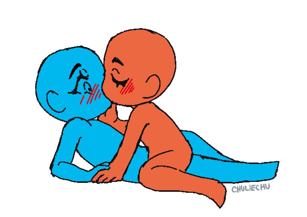 Base art of a couple kissing. One is laying on the ground blushing while the other straddles them and kisses them