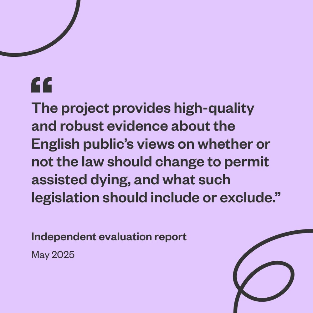 A purple graphic with black abstract lines features a quote about a project providing evidence on public views regarding legal changes to permit assisted dying, and considerations for related legislation. Text: Independent evaluation report, May 2025.