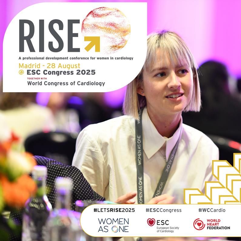 A woman sat at a table whilst having a conversation during RISE @ ESC Congress 2024. Overlain is Information about RISE @ ESC Congress 2025.