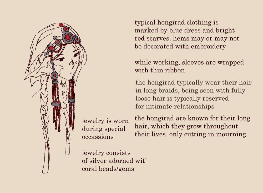 image: an aura wearing a silver and red headpiece
text: "typical hongirad clothing is marked by blue dress and bright red scarves. hems may or may not be decorated with embroidery

while working, sleeves are wrapped with thin ribbon

the hongirad typically wear their hair in long braids, being seen with fully loose hair is typically reserved for intimate relationships

the hongirad are known for their long hair, which they grow throughout their lives. only cutting in mourning

jewelry is worn during special occassions

jewelry consists of silver adorned with coral beads/gems"