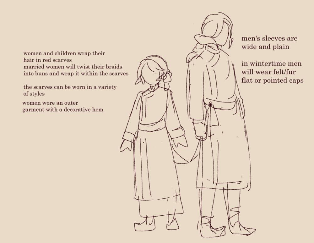 image: a sketch of a fem and masc au ra wearing traditional dress called "deel"
left text: "women and children wrap their hair in red scarves

married women will twist their braids into buns and wrap it within the scarves

the scarves can be worn in a variety of styles

women wore an outer garment with a decorative hem"

right text: "men's sleeves are wide and plain

in wintertime men will wear felt/fur flat or pointed caps"