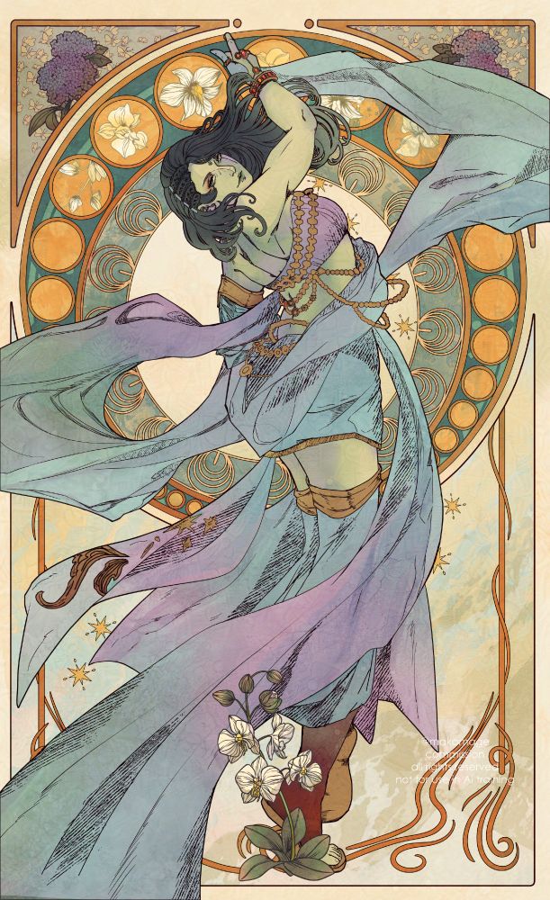 an art nouveau style illustration of a roegadyn wearing flowing blue and purple dancer artifact gear