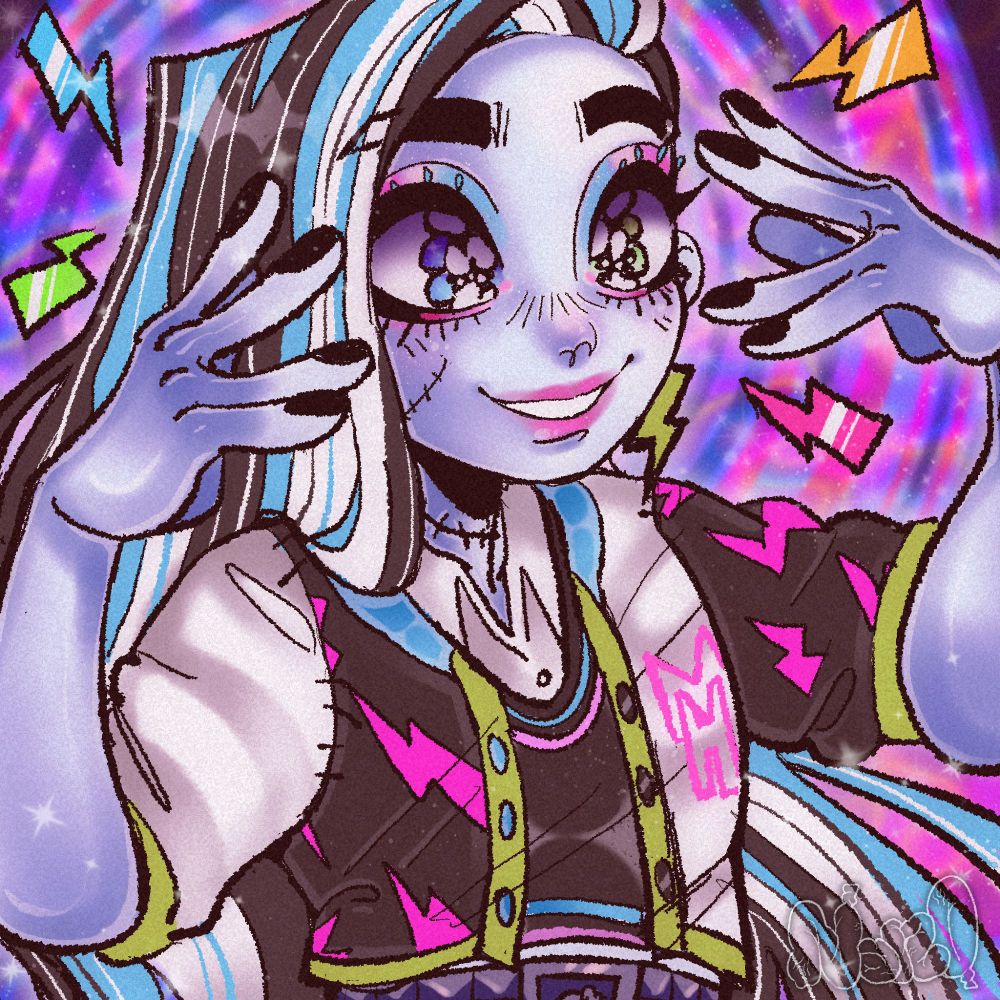 An image of Frankie Stein from Monster High G3
They have their hands next to their head, a big grin on their face, with a big colorful swirl as a background.