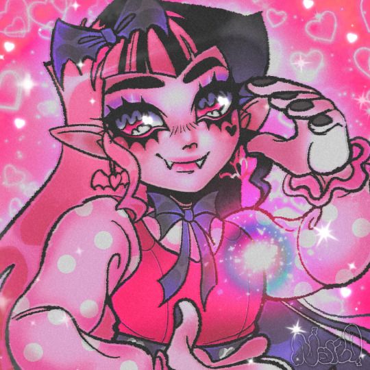An image of Draculaura from Monster High G3
She is creating an orb of magic between her hands with a smile on her face. The background is pink and full of hearts. She is not wearing her hat, however she is wearing her headband with bat bow.