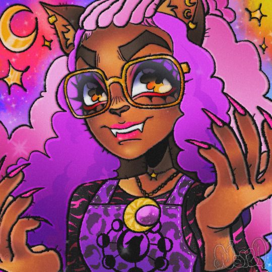 An image of Clawdeen Wolf from Monster High G3
She has her hands held up exposing her cool claws, with a grin on her face. There is a moon and stars amongst a colorful rainbow background.