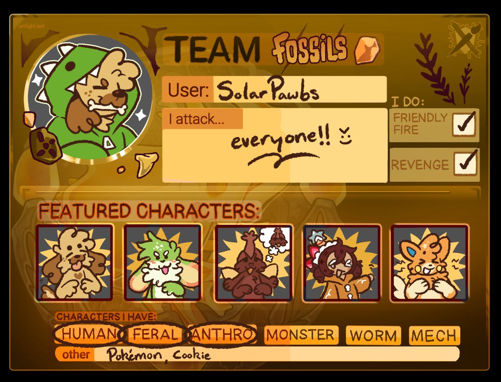 A filled-out art fight "team fossils" template. The user is "SolarPawbs".