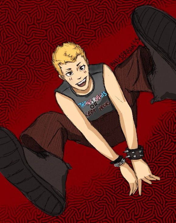 ryuji sakamoto from persona5 wearing a shirt that says “trans rights or left hooks”