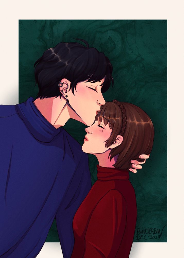 the persona 5 protagonist in a blue turtleneck kisses persona 5 character, makoto niijima on the forehead