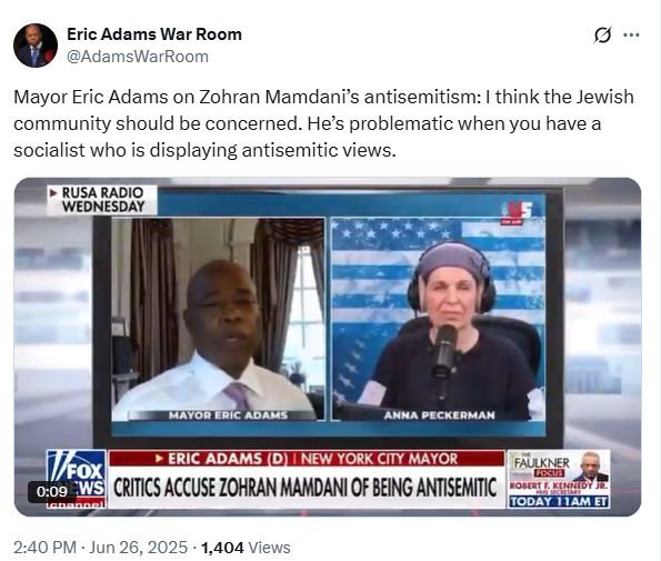 Mayor Eric Adams on Zohran Mamdani’s antisemitism: I think the Jewish community should be concerned. He’s problematic when you have a socialist who is displaying antisemitic views.