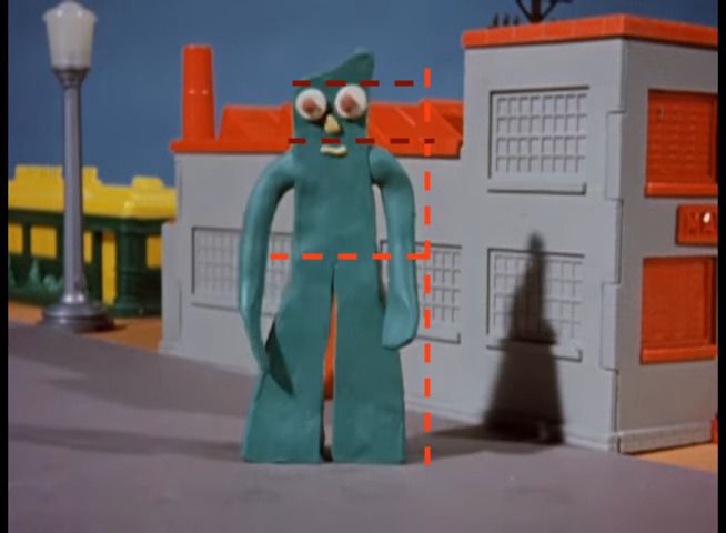 a screencap of gumby facing the camera with dotted lines to visually eyeball his poportions. he has a blank expression.