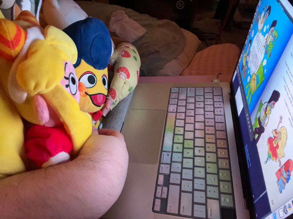 tiny makeship wally, big Julie, and the hilarious press n sew frank all look at the website update for Franks Favorite Chair