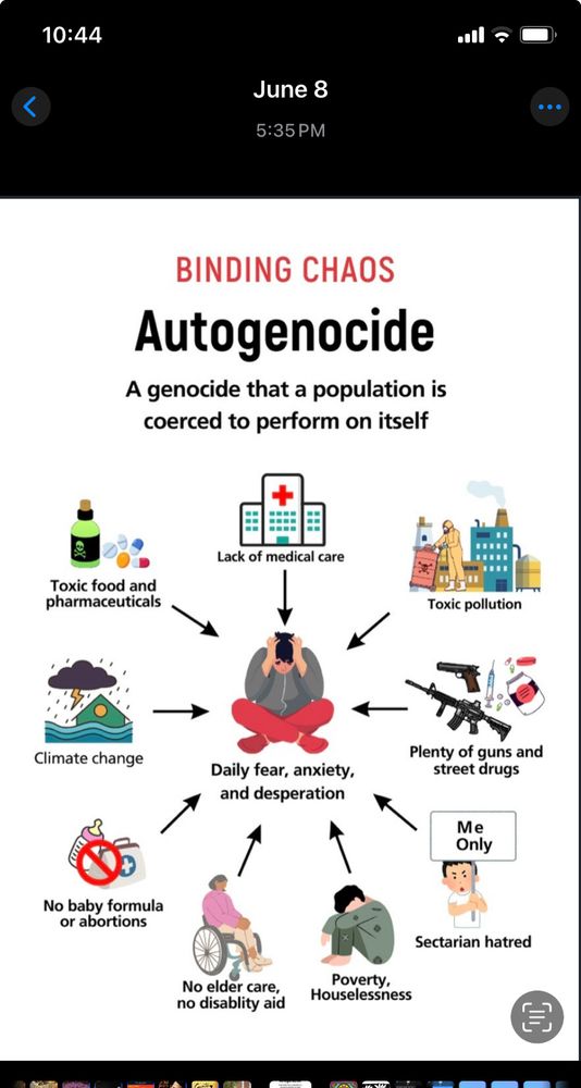 image is a flyer illustrating “autogenocide” Binding Chaos, a genocide that a population is coerced to perform on itself 