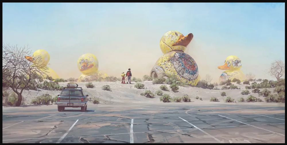 A single car sits in a neglected parking lot. Large ducks sit on the horizon while two people walk away from the car. Art from Simon Stålenhag's Electric State.
