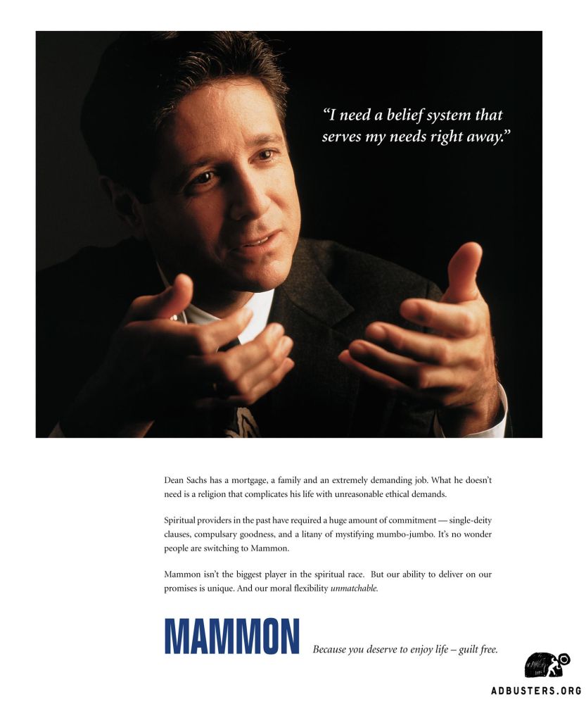 Image of a white man with open hands. Text offers mammon as a religious option. 
