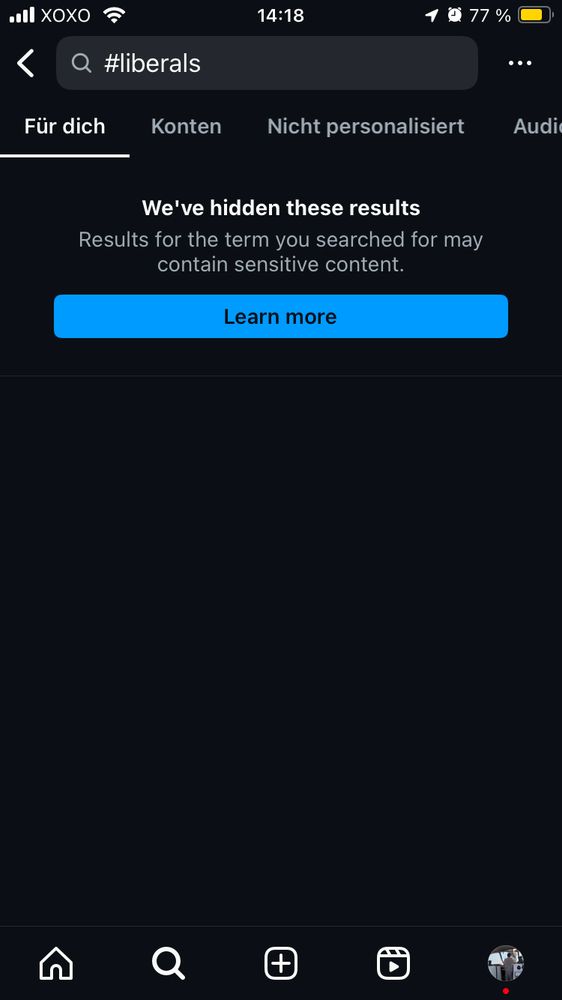 Instagram zensiert den Suchbegriff #liberals wegen „sensitive content“.