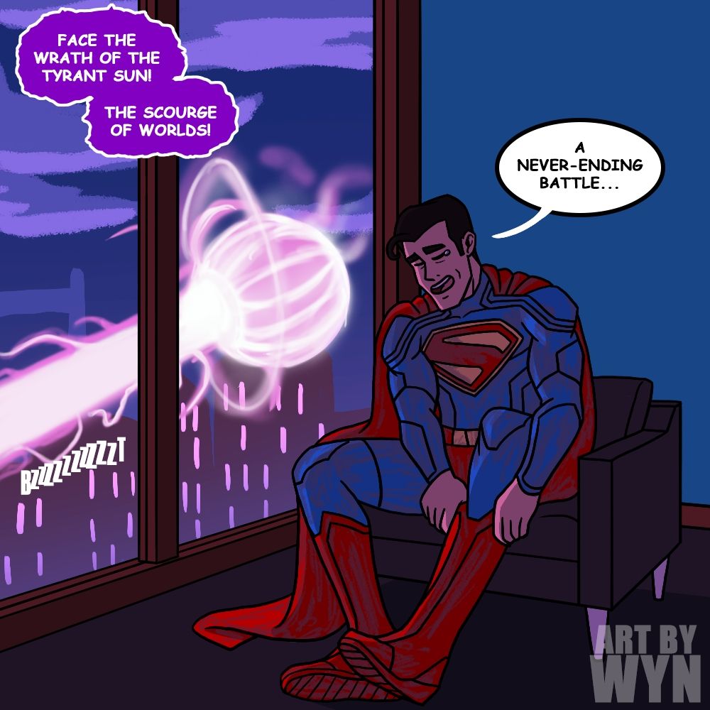 Purple Solaris terrorising Metropolis with his beams. Superman puts hus boots back on tiredly. 