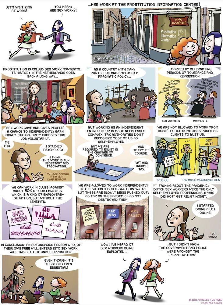 It's a drawn cartoon of 2 friends (women) walking & talking. One of them, Zina, explains what the Prostitution Information Center in Amsterdam is. 