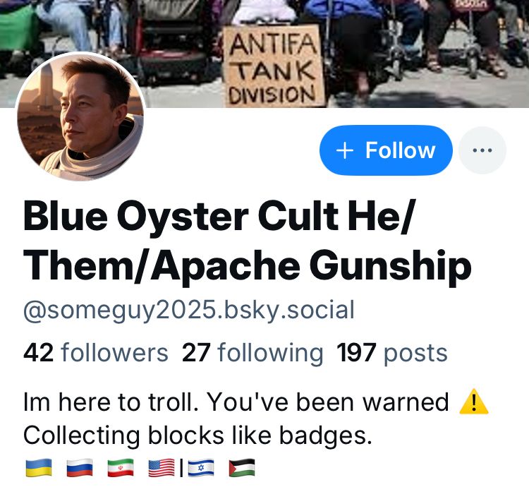 @someguy2025’s profile pic is Elon Musk and his profile bio says “I’m here to troll”