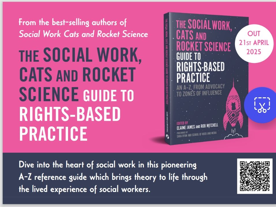Advertisement for the book Social Work Cats and Rocket Science a Guide to rights based social work 