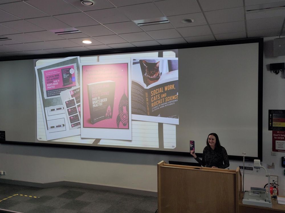 Corresponding editor presenting at University of Bradford for the book Social Work Cats and Rocket Science an A to Z of rights based practice