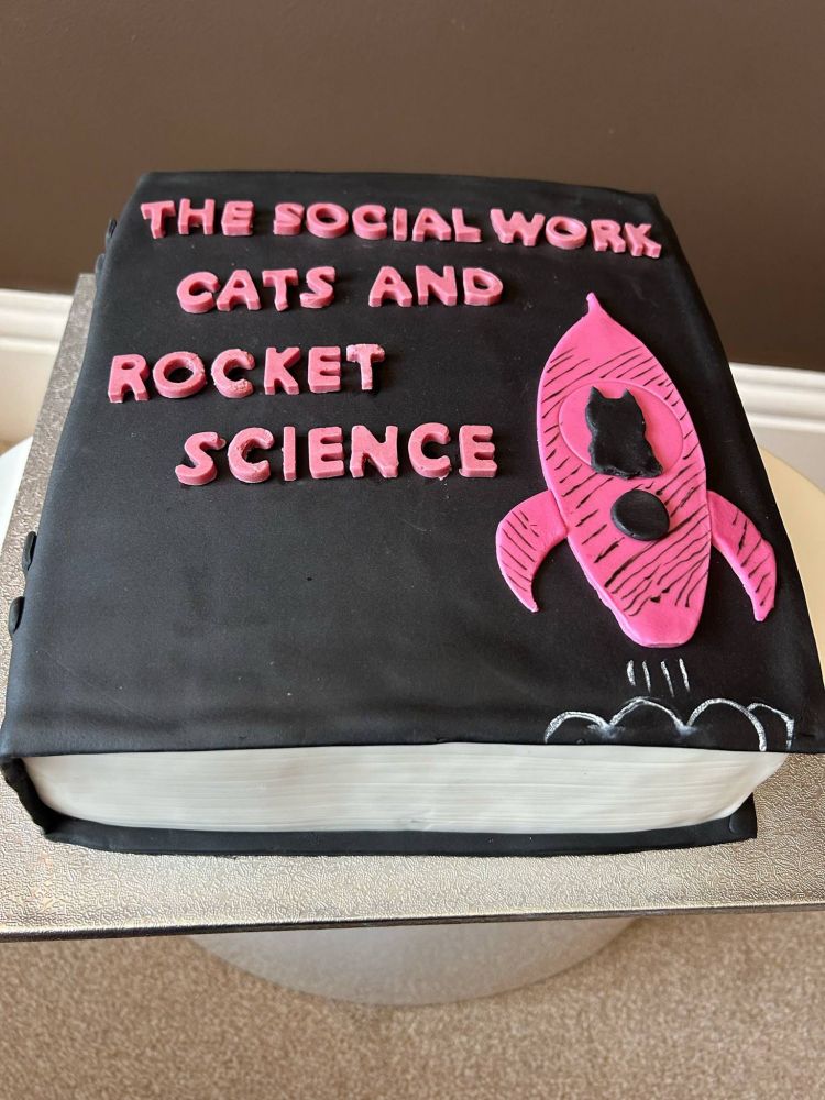 Cake made to look like the book Social Work Cats and Rocket Science an A to Z of rights based practice 