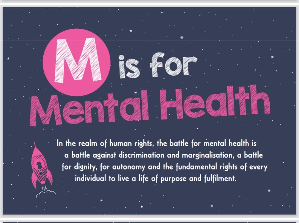 Postcard with the letter M as being for Mental Health being important in social work