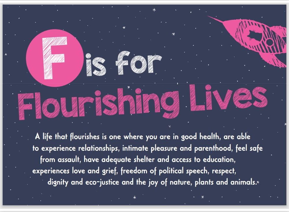 Postcard which says the letter F stands for Flourishing Lives