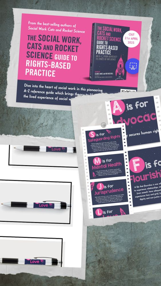 Advertisement for the book and A to Z of rights based practice by a collective of authors called Social Work Cats and Rocket Science 