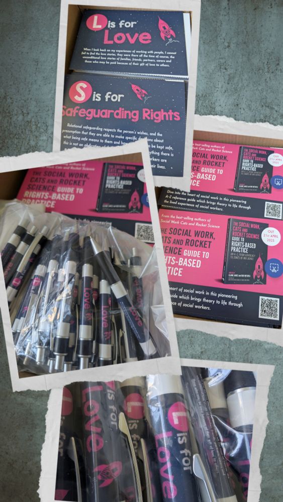 Picture of pens and postcards advertising the book Social Work Cats are Rocket Science 