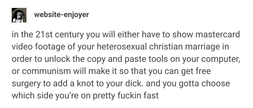 in the 21st century you will either have to show mastercard video footage of your heterosexual christian marriage in order to unlock the copy and paste tools on your computer, or communism will make it so that you can get free surgery to add a knot to your dick. and you gotta choose which side you’re on pretty fuckin fast