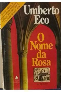 Capa de o nome da rosa, de umberto eco. Imagem de arcos medievais sobre fundo vermelho.