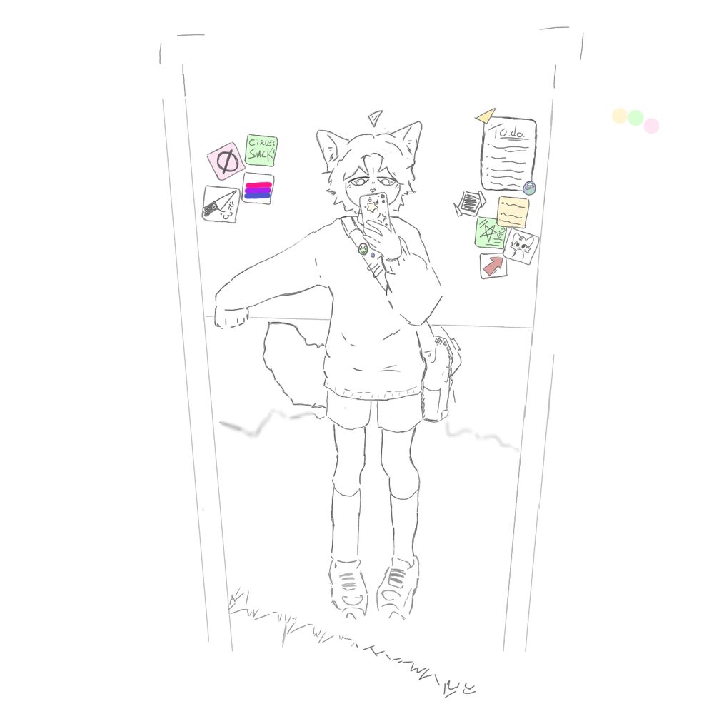 A silly lil goober boy looking at a mirror :3