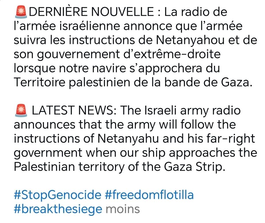 DERNIÈRE NOUVELLE : La radio de l'armée israélienne annonce que l'armée suivra les instructions de Netanyahou et de son gouvernement d'extrême-droite lorsque notre navire s'approchera du Territoire palestinien de la bande de Gaza.
LATEST NEWS: The Israeli army radio announces that the army will follow the instructions of Netanyahu and his far-right government when our ship approaches the Palestinian territory of the Gaza Strip.