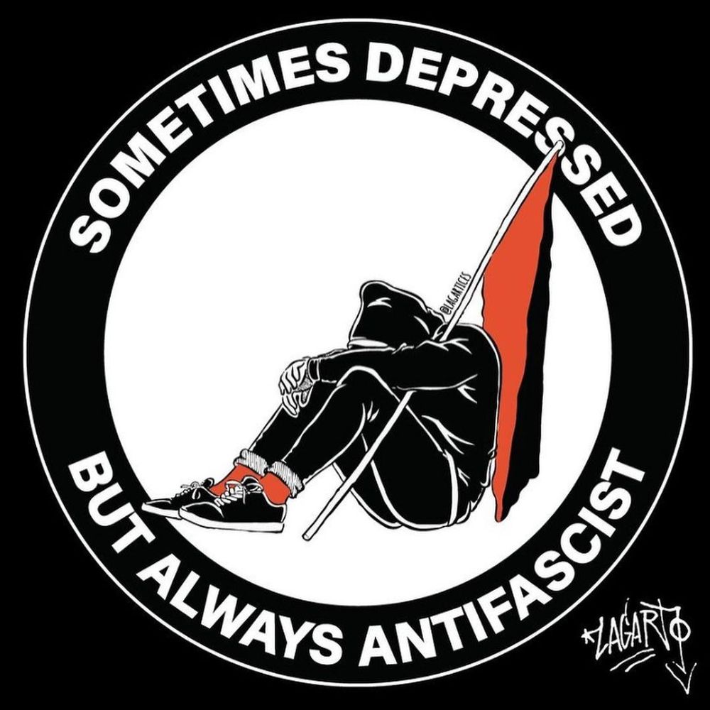 visuel "sometimes depressed but always antifascist" avec une personne assise au sol la tête baissée portant un drapeau rouge et noir