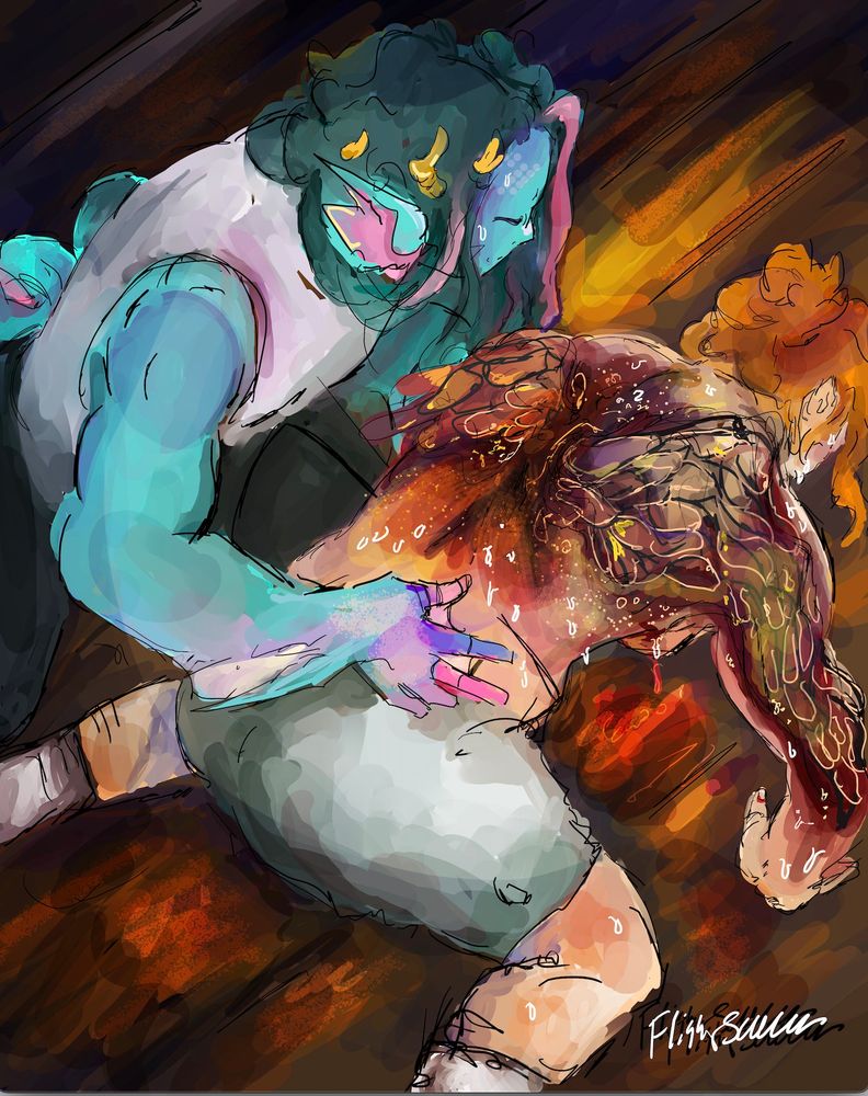 a drawing of gill crouched over jay who is on all fours on the ground. her wing tattoos are leaking blood and puss as feathers start to form out of her skin.