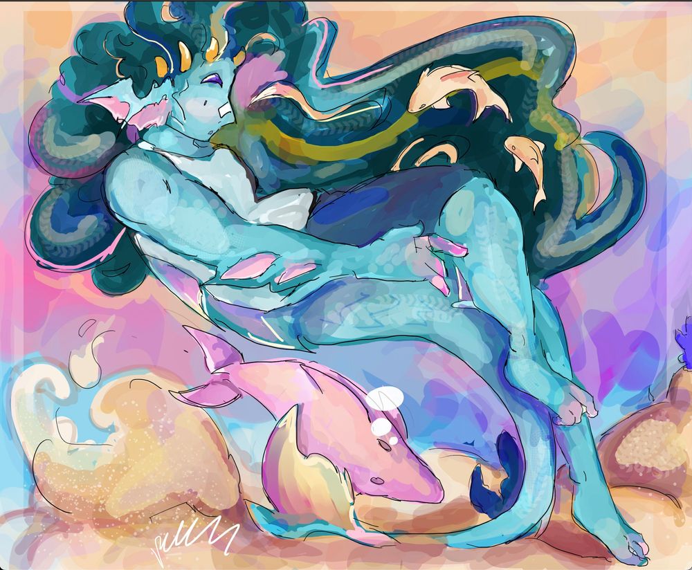 a drawing of teenage gillion under the water. his tail is sweeping through the sand. two fish are swimming near his hair. a pink dolphin is diving under him