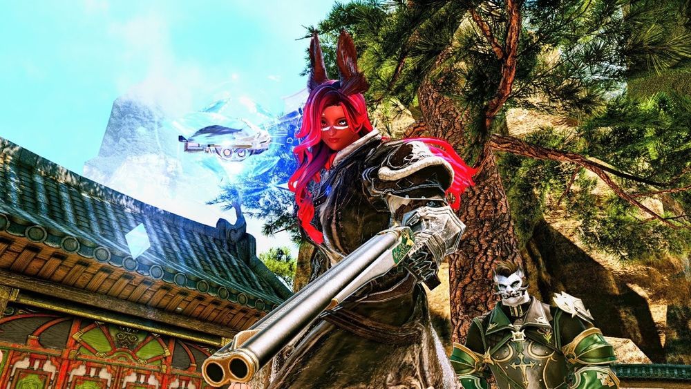 The shot is of a secluded area in Kugane. Where Nicholas is being observed by Bajsaljen Ulgasch. Seeing their fighting style of the large 4 gauge shotgun in her left hand with the Blade's Resolve gunblade in her right. Having the gunblade pointed at the camera with the shotgun lowered a bit.