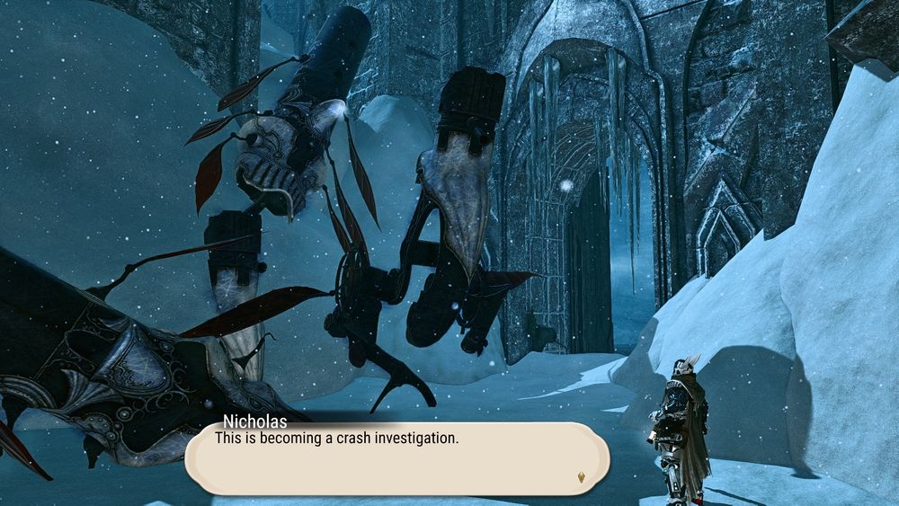 Where it becomes clear when he spots a few Magitek Juggernauts embedded in the deep snow. All while Nicholas talks about this becoming a crash investigation.
