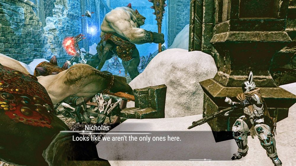 Nicholas peeks past a corner to see a Cyclops wielding a large club in a fight against some Magitek Mechs. Thinking to himself how they aren't the only ones here.