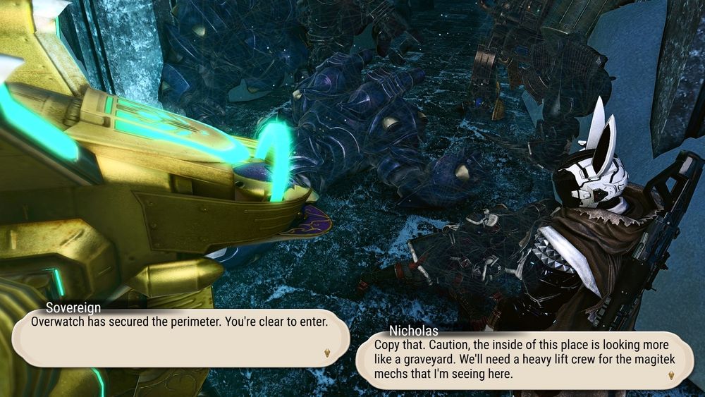 Nicholas is told by a superior that the perimeter had been secured. That he's been cleared to enter. Though when Nicholas had gone to the opening inside he came upon a scene of broken Magitek Mechs and piles of frozen Garlean bodies.