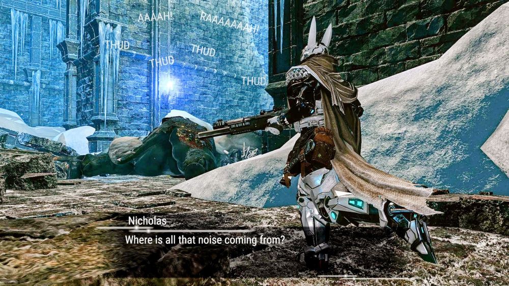 Nicholas runs in his full heavy set winter gear. Going towards a loud commotion as he questions where it's coming from.