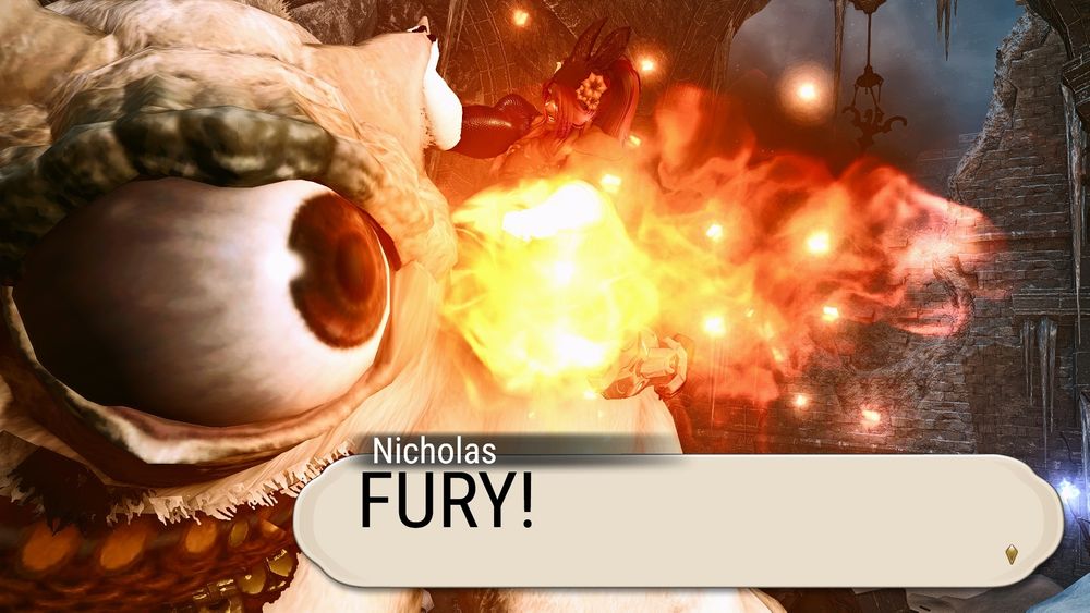 Closing the distance quickly Nicholas grabs onto the Cyclop's ear. The fire grows as Nicholas cocks back his fist to punch the side of the Cyclop's face.