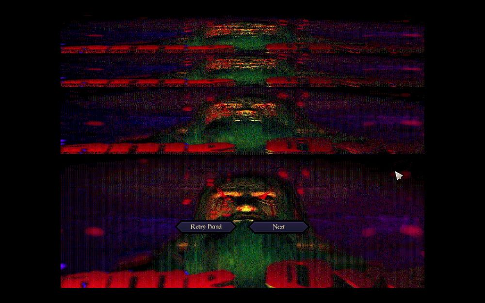 Glitchy screen that say Game Over and has a Wizard with exploding eyes.