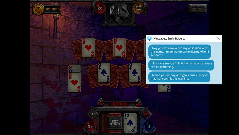 1995 Forbidden Solitaire game screen with modern messenger dialog on top with messages from Emily Roberta saying:
- Okay you've reawakened my obsession with this game. I'm gonna do some digging when I get home.
- If I'm lucky maybe I'll find it on an abandonware site or something.
- I blame you for any/all digital crimes I may or may not commit this evening.