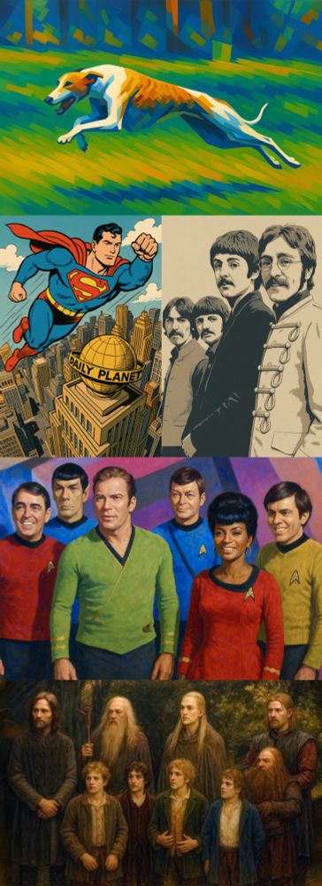 Montage of: a dog running in a field (whippet), Superman, the Beatles, Star Trek's original cast, the Fellowship from The Lord of the Rings.