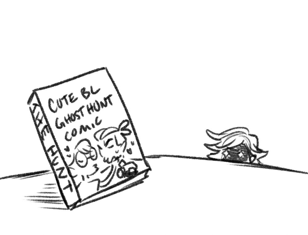 A drawing of a book with “the hunt: cute BL ghost hunt comic” written on it, I am lurking in the bg 