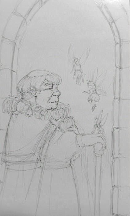 Shining Force x Inktober, Day 11: pencil sketch of Vicar Frayja having a friendly word with three fairies.