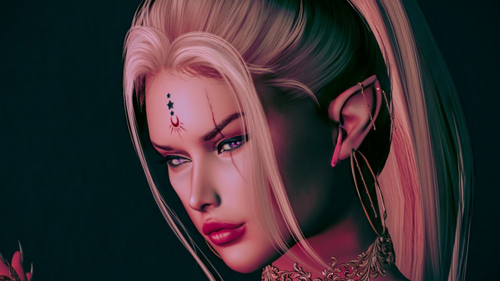 Picture of my second life avatar, dark smoky eyes with a soft red tinted lighting