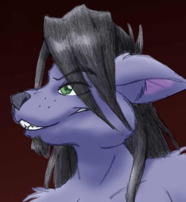 Digital-colored pencil sketch closeup of Alo, an anthro Russian blue cat. He has blueish-gray fur, with charcoal-black long hair falling down his back and dropping over his eyes in long strands. He's smirking with teeth bared.